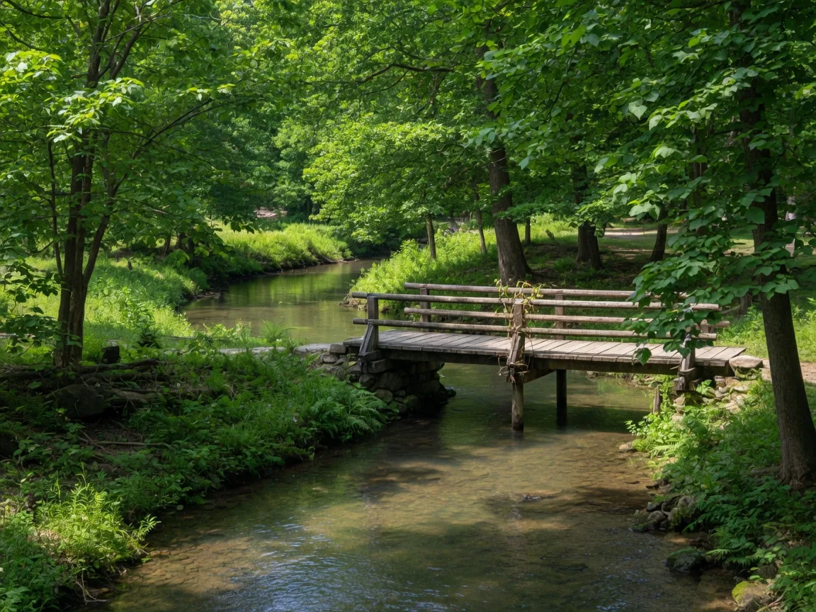 French Creek Reservation in Sheffield Village, Ohio with a winding creek, wooden footbridge, and lush green trees