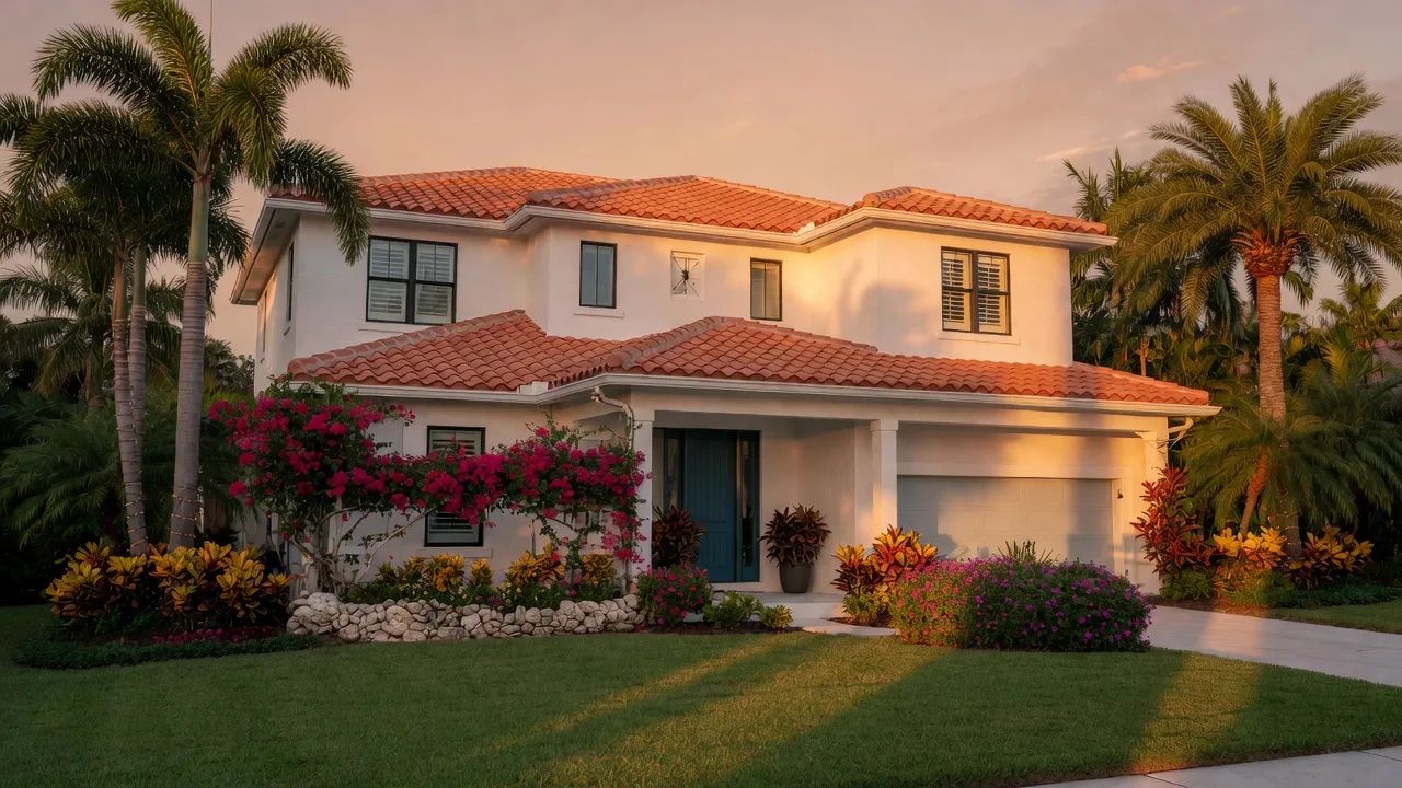 A modern Florida coastal home at golden hour with a Sold sign in the front yard, terracotta roof tiles, tropical landscaping with palm trees and bougainvillea