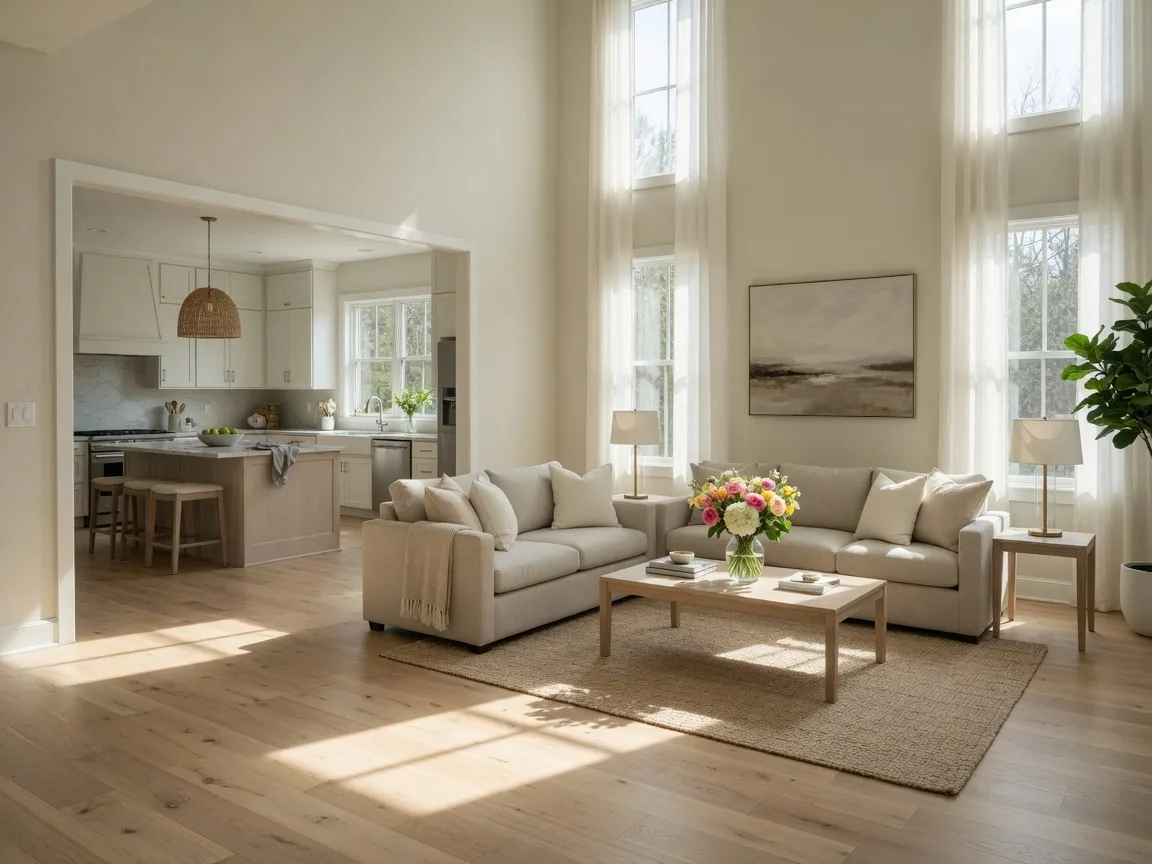 A bright, airy staged living room in a Michigan suburban home with hardwood floors, large windows letting in afternoon sunlight, and neutral modern finishes