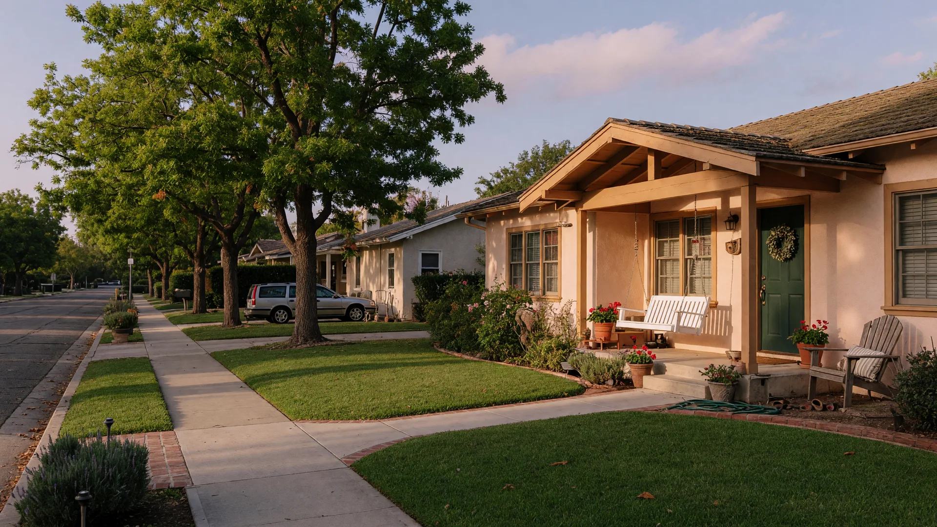 A charming established Southern California suburban home on a quiet tree-lined street in warm golden-hour light