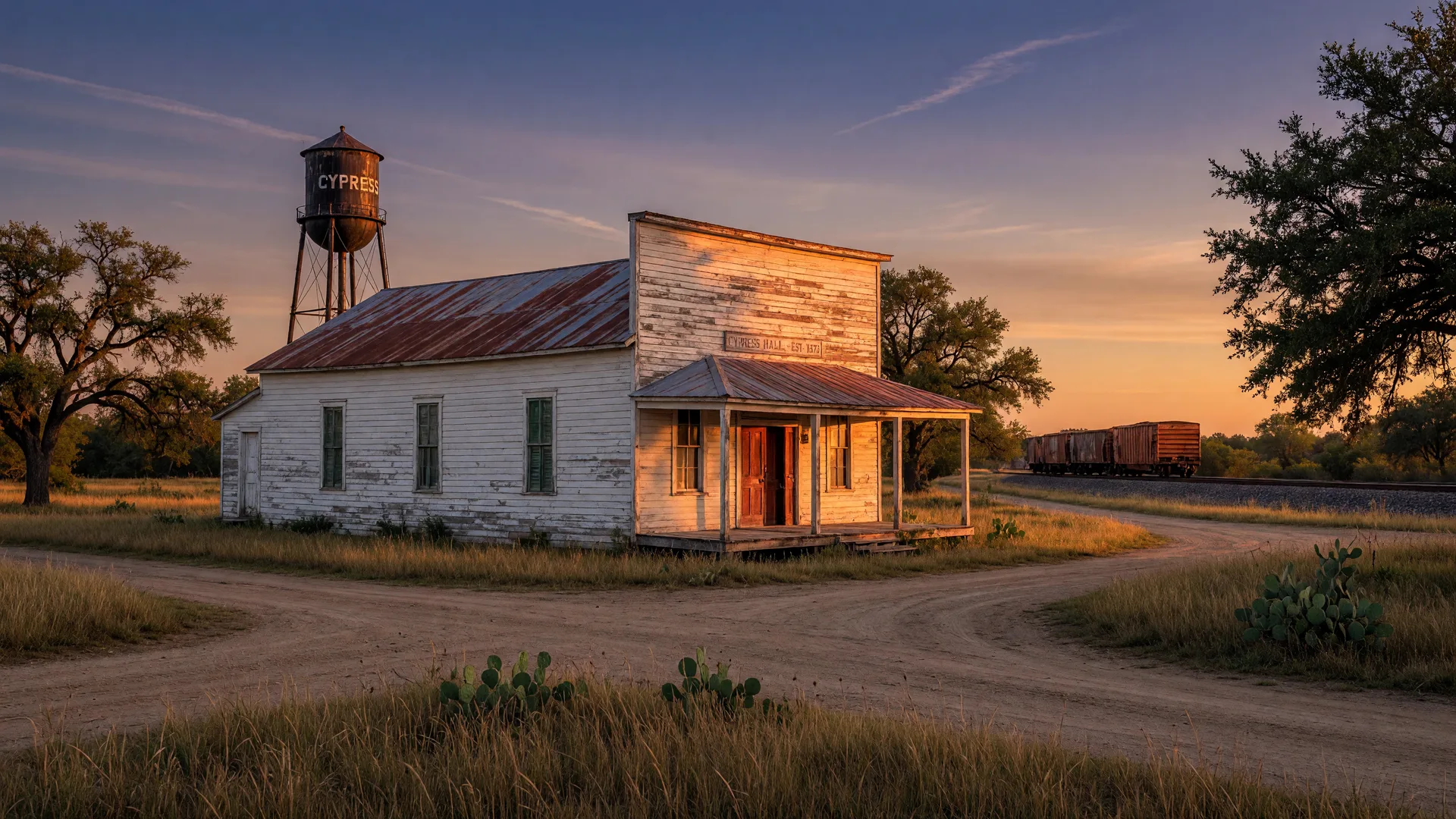 A historic railroad-era dance hall on a quiet Cypress, Texas crossroads at golden hour
