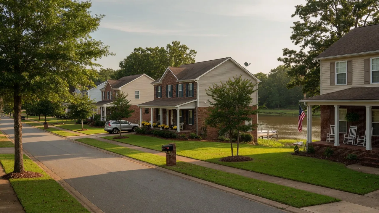 Newer suburban homes in Suffolk, Virginia along a quiet tree-lined street with tidal creek water in the distance