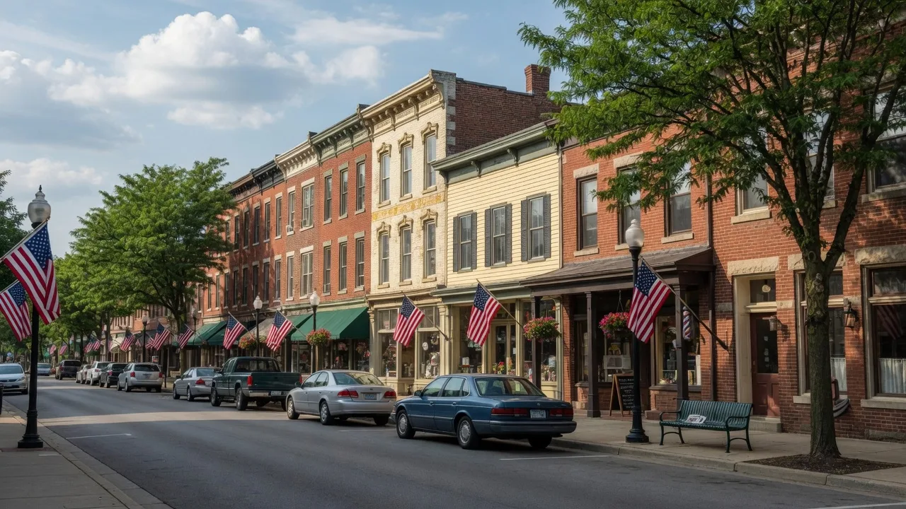 Historic downtown Monroeville, Ohio with 19th-century buildings and American flags on a bright summer morning