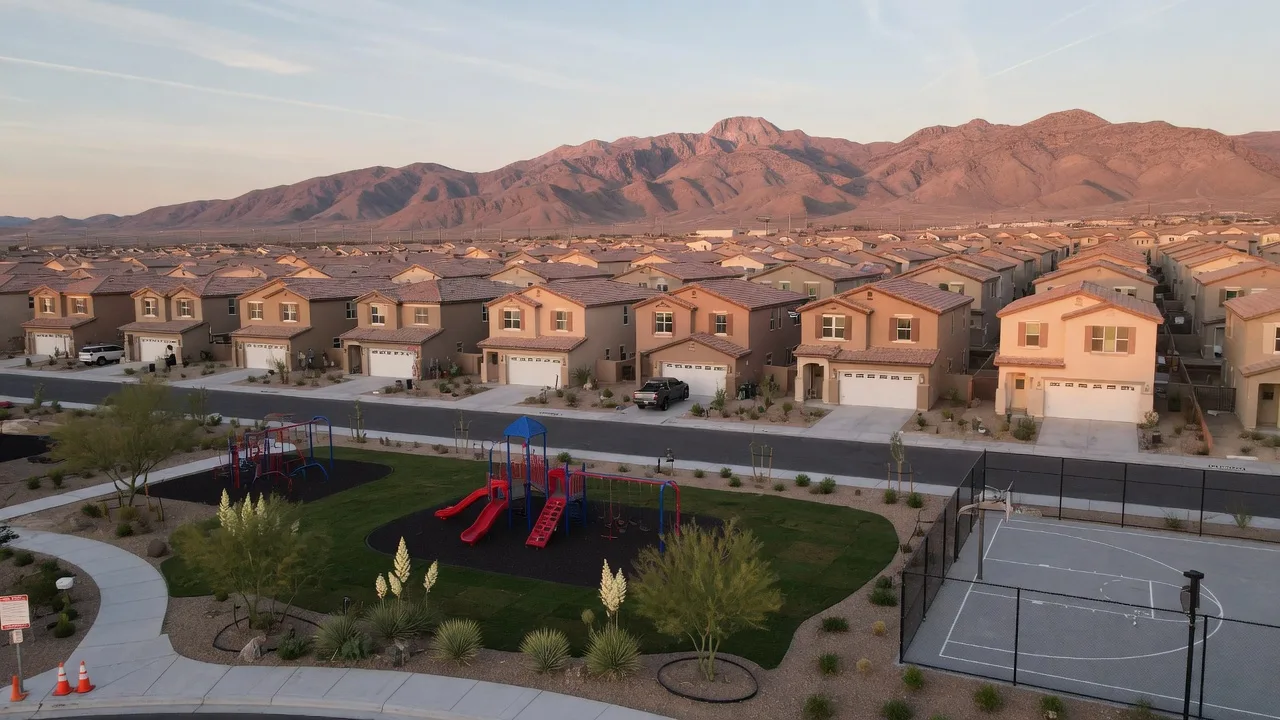 New construction stucco homes in a North Las Vegas master-planned community with desert landscaping and the Sheep Mountains in the background