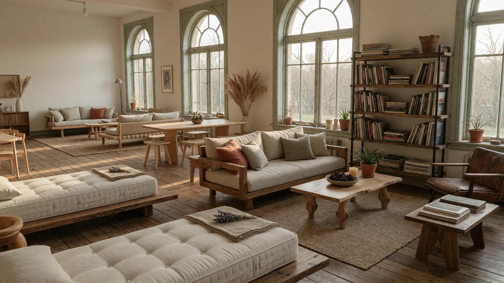 The interior of a bright, modern eco-friendly home furnishings showroom with organic mattresses, handmade wooden furniture,and a design library corner