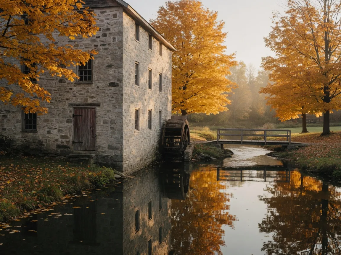 A historic stone grist mill beside the mill pond in the artist village of Glen Williams