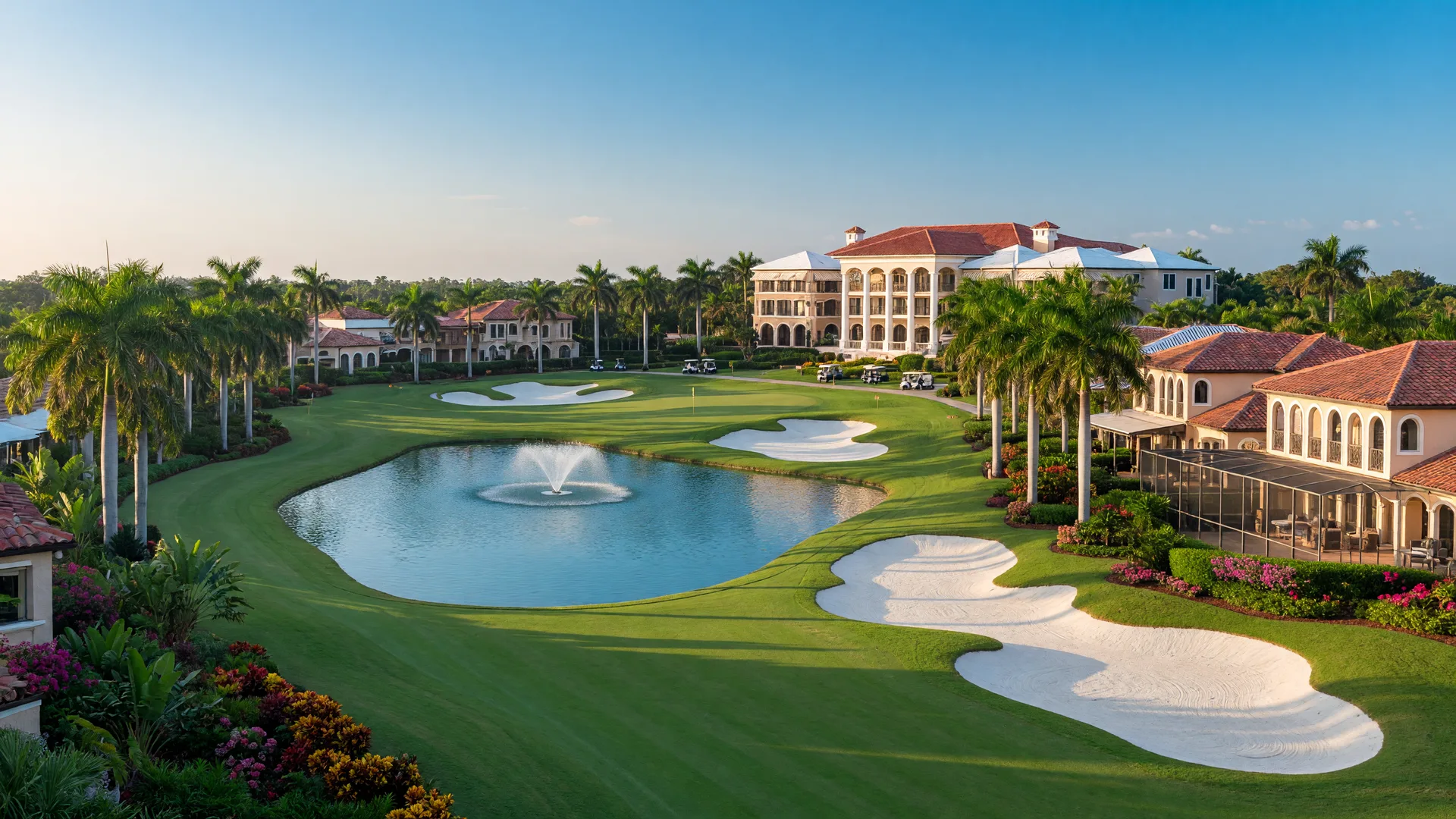 Championship golf fairway with water features and a Mediterranean clubhouse at Boca West Country Club in Boca Raton