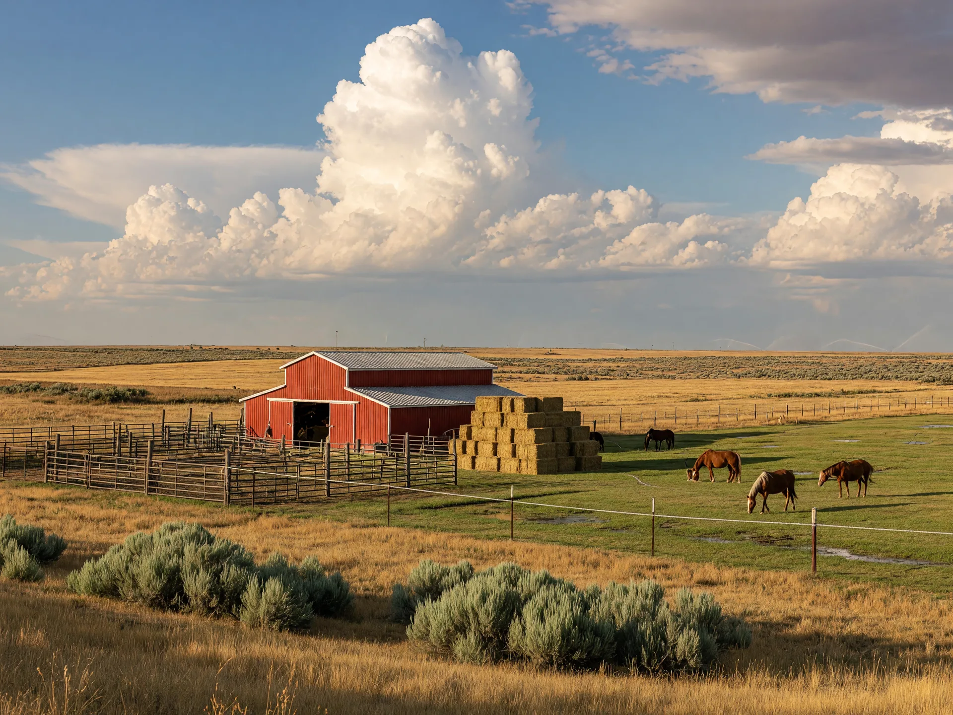 Pole barn, corrals, and horses on a mini-ranch near Nampa, Idaho beneath a big sky