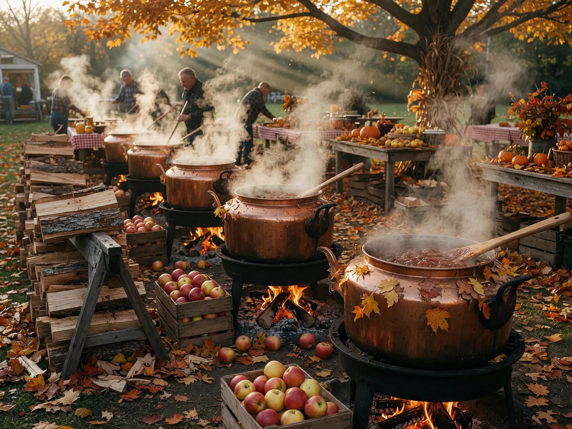 Glowing copper kettles of apple butter simmering over open wood fires at a small Ohio town festival, with steam rising, crates of apples, and autumn leaves in late-afternoon light