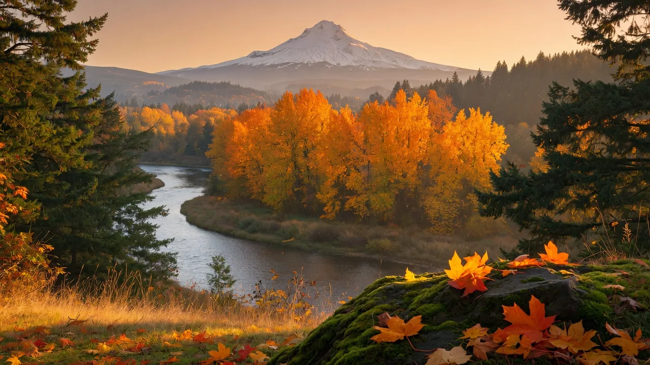Golden bigleaf maples along the Clackamas River near Estacada, Oregon with Mount Hood dusted with early snow in the distance
