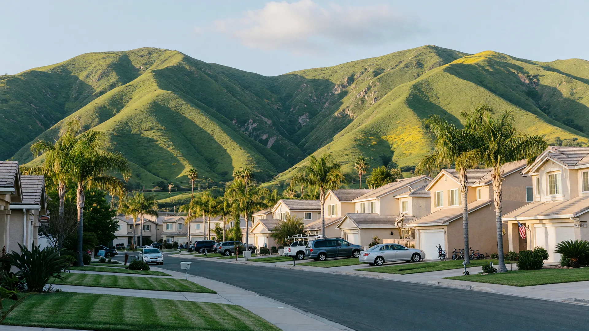 Corona residential street with modern homes and palm trees beneath the green, sunlit Santa Ana foothills