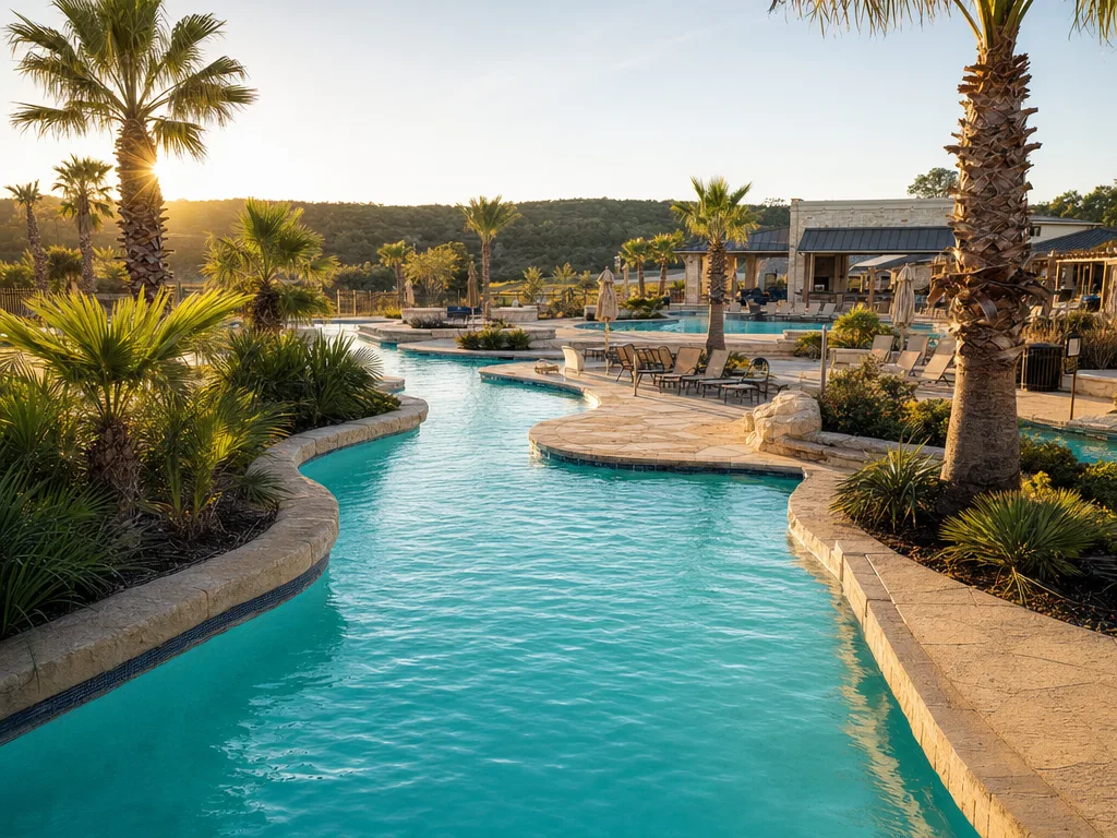 Resort-style pool and lazy river with limestone coping and Hill Country backdrop. Illustrative image; not a photograph of Esperanza.