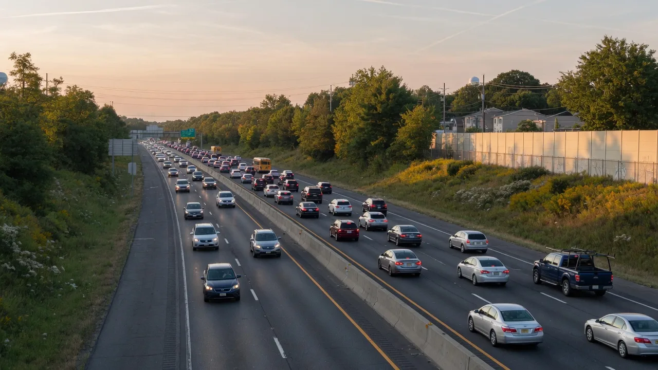 Rush hour traffic on I-295 in South Jersey during late afternoon with suburban greenery on both sides