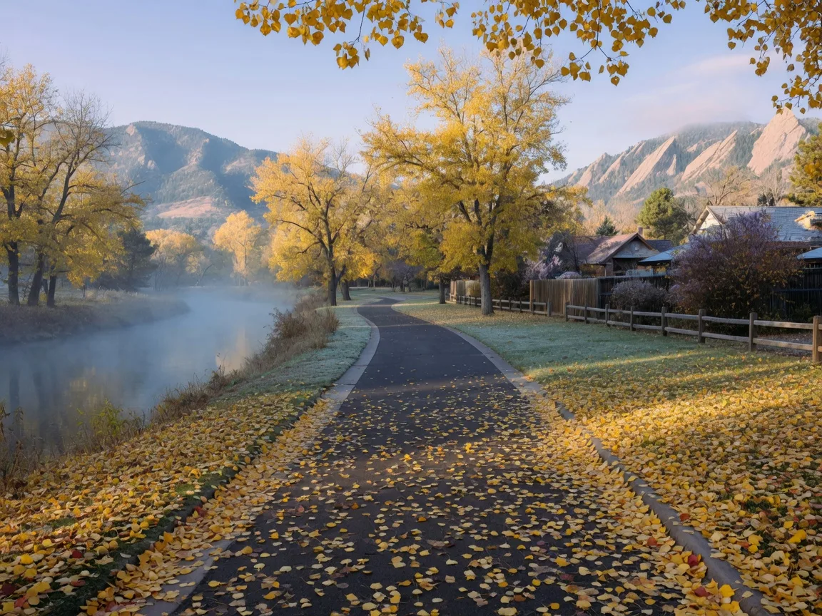 A golden autumn morning on the Boulder Creek bike path, leaves lining an empty curving path toward the foothills.