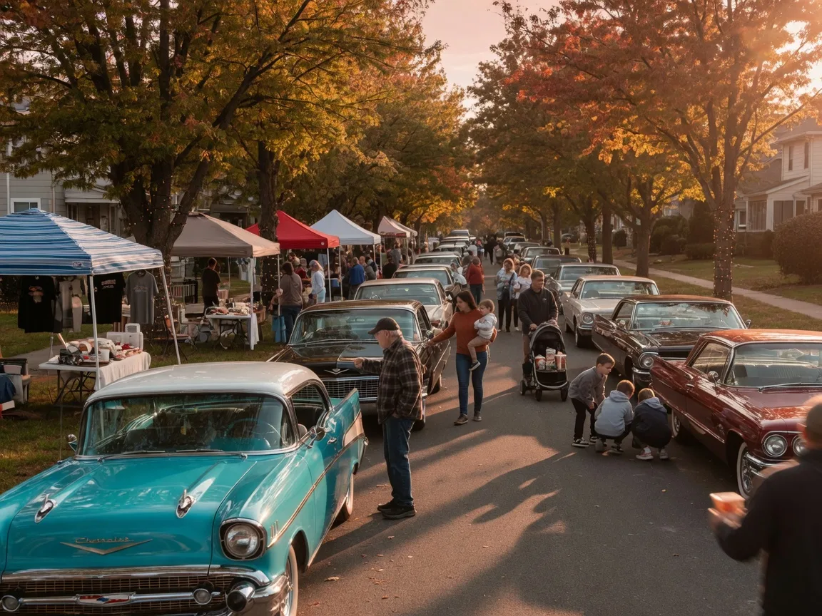 Vintage classic cars lined up along tree-lined Easton Road in Roslyn during the fall festival, with families strolling between the chrome automobiles and white vendor tents under warm golden-hour autumn light