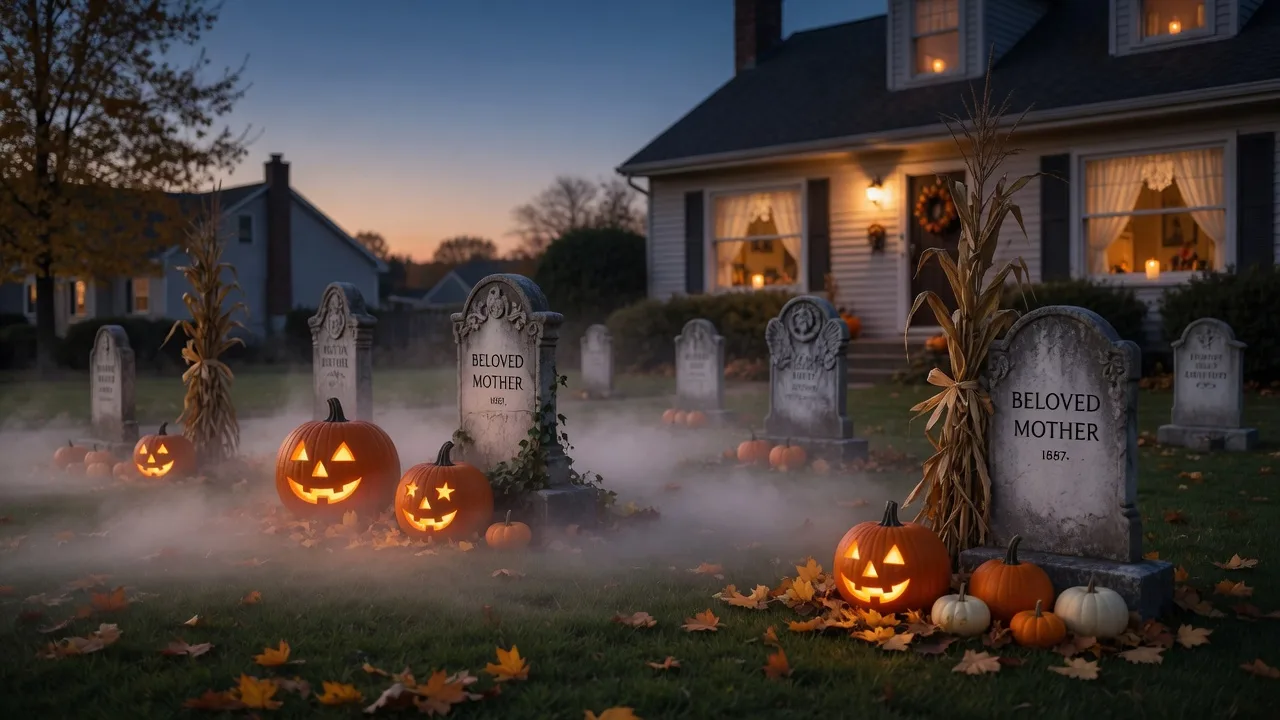 A charming Halloween graveyard scene with tombstones, ghosts, and eerie lighting
