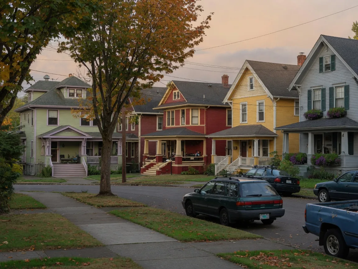 A classic Portland residential street of early 1900s houses and mature maples in warm late-afternoon light