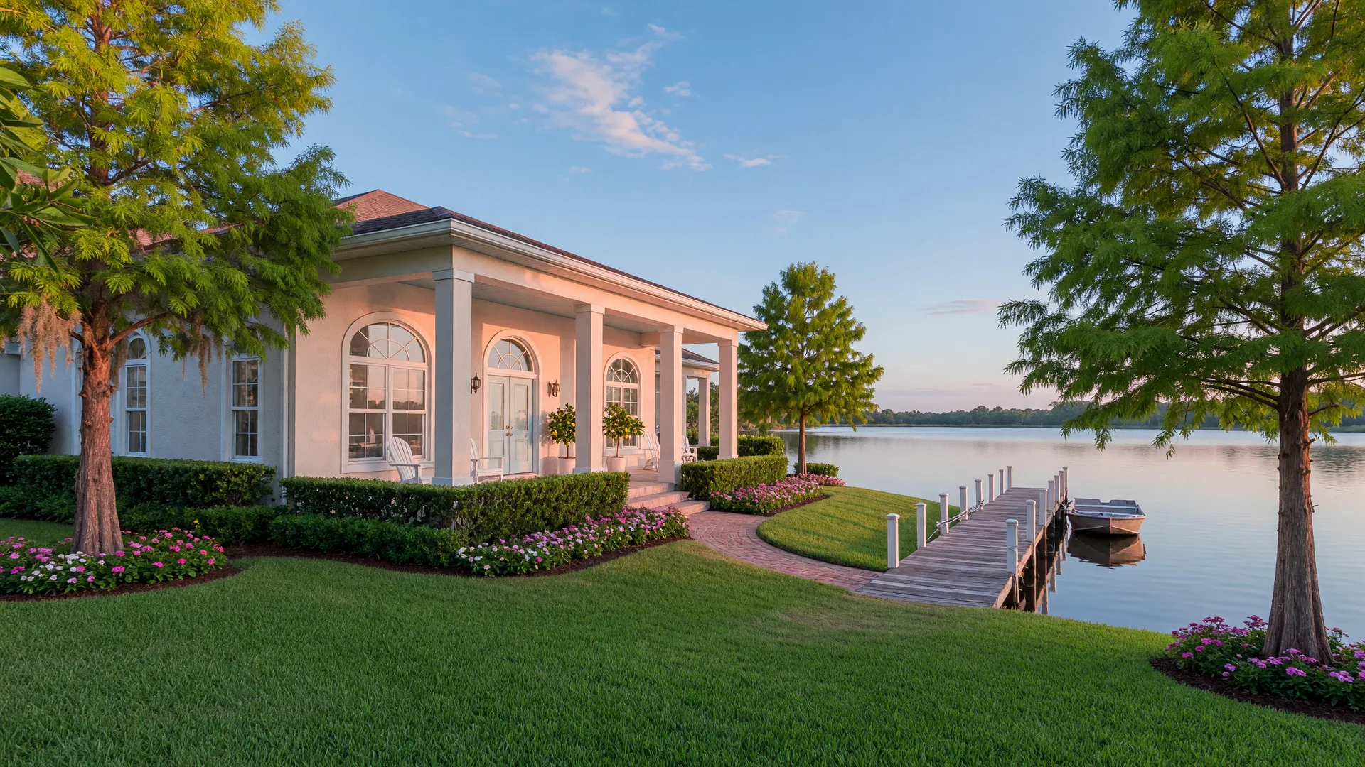A luxury lakefront estate with a private dock on a calm Central Florida lake at morning