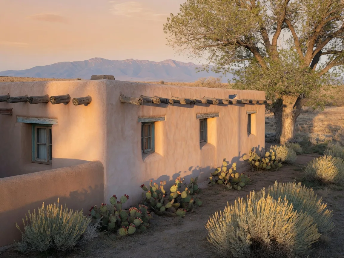A traditional New Mexico adobe home in golden afternoon light with chamisa and cottonwoods, the Sandia Mountains on the horizon