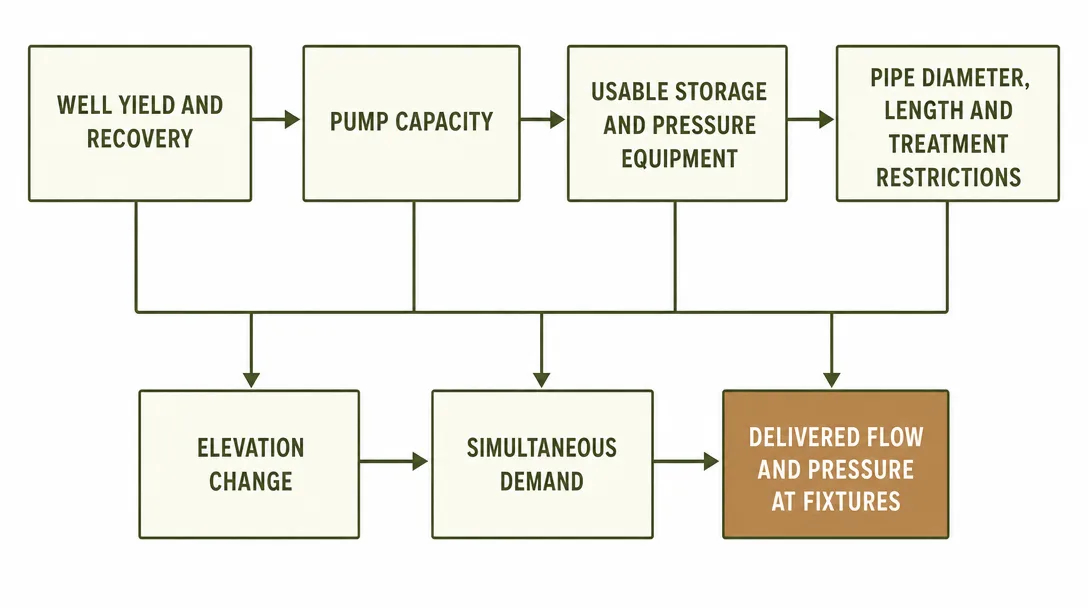 Diagram showing that well yield and recovery, pump capacity, usable storage, pressure equipment, pipe diameter and length, treatment restrictions, elevation and simultaneous demand together affect delivered flow and pressure at household fixtures