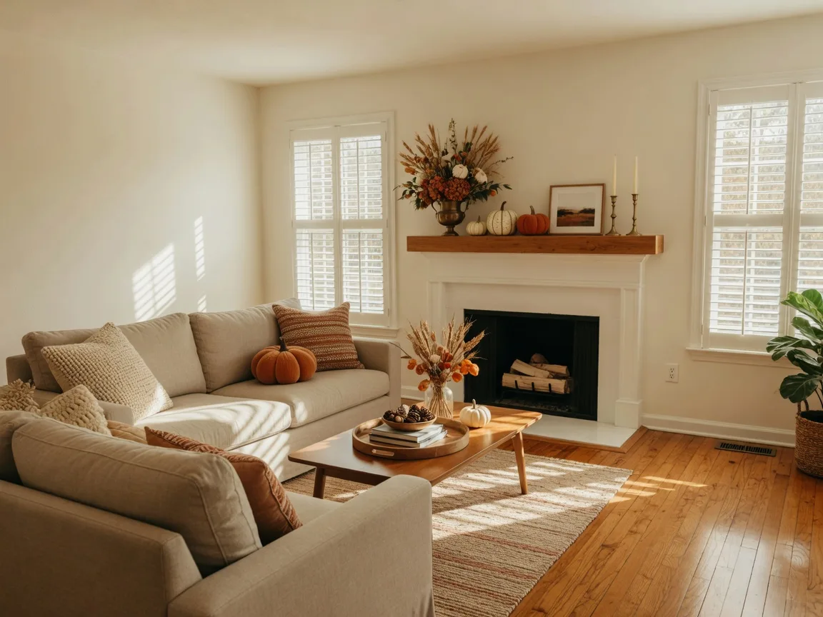 A bright, staged living room in an Atlanta-area home with autumn decor and warm October afternoon light