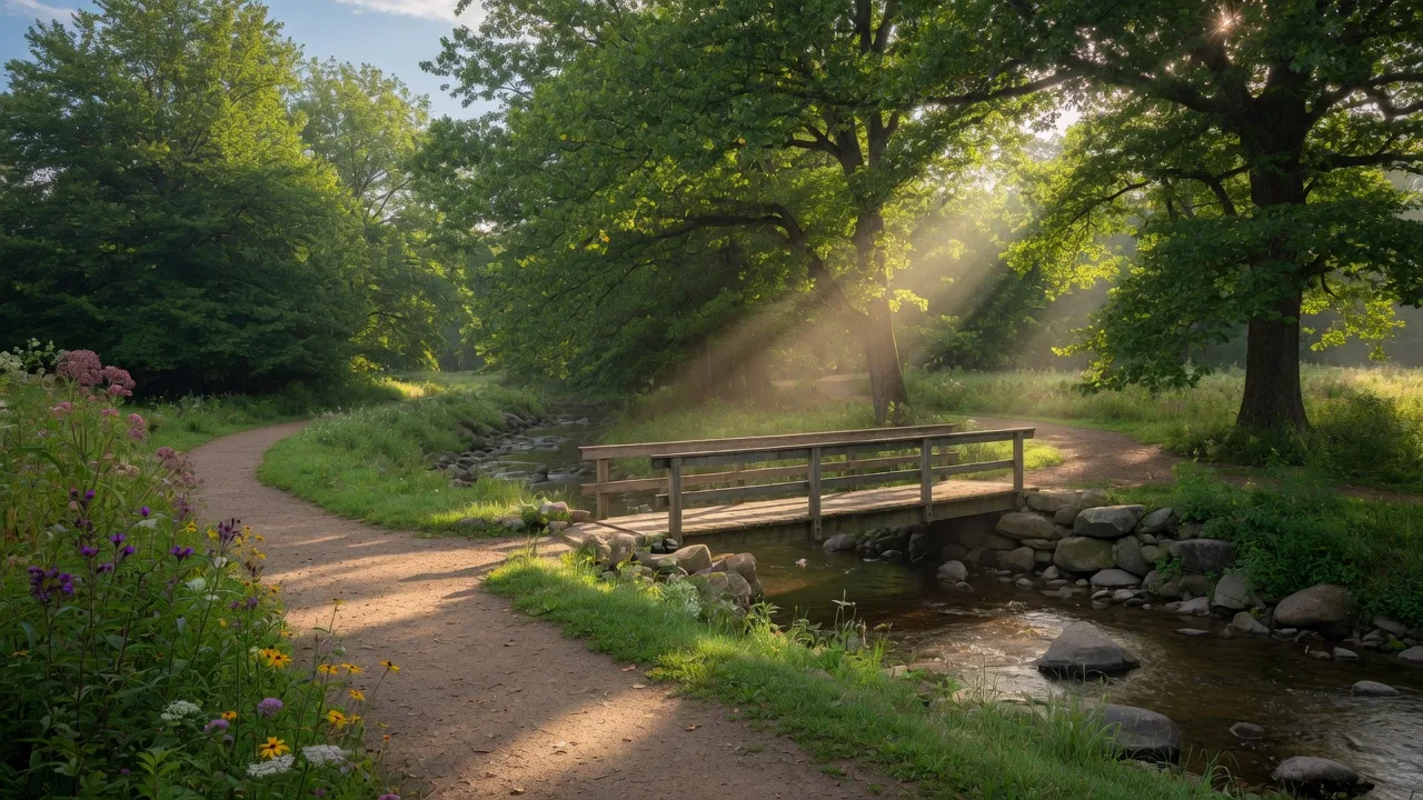Scenic Delaware County park with creek, wooden footbridge, and woodland trail in late summer