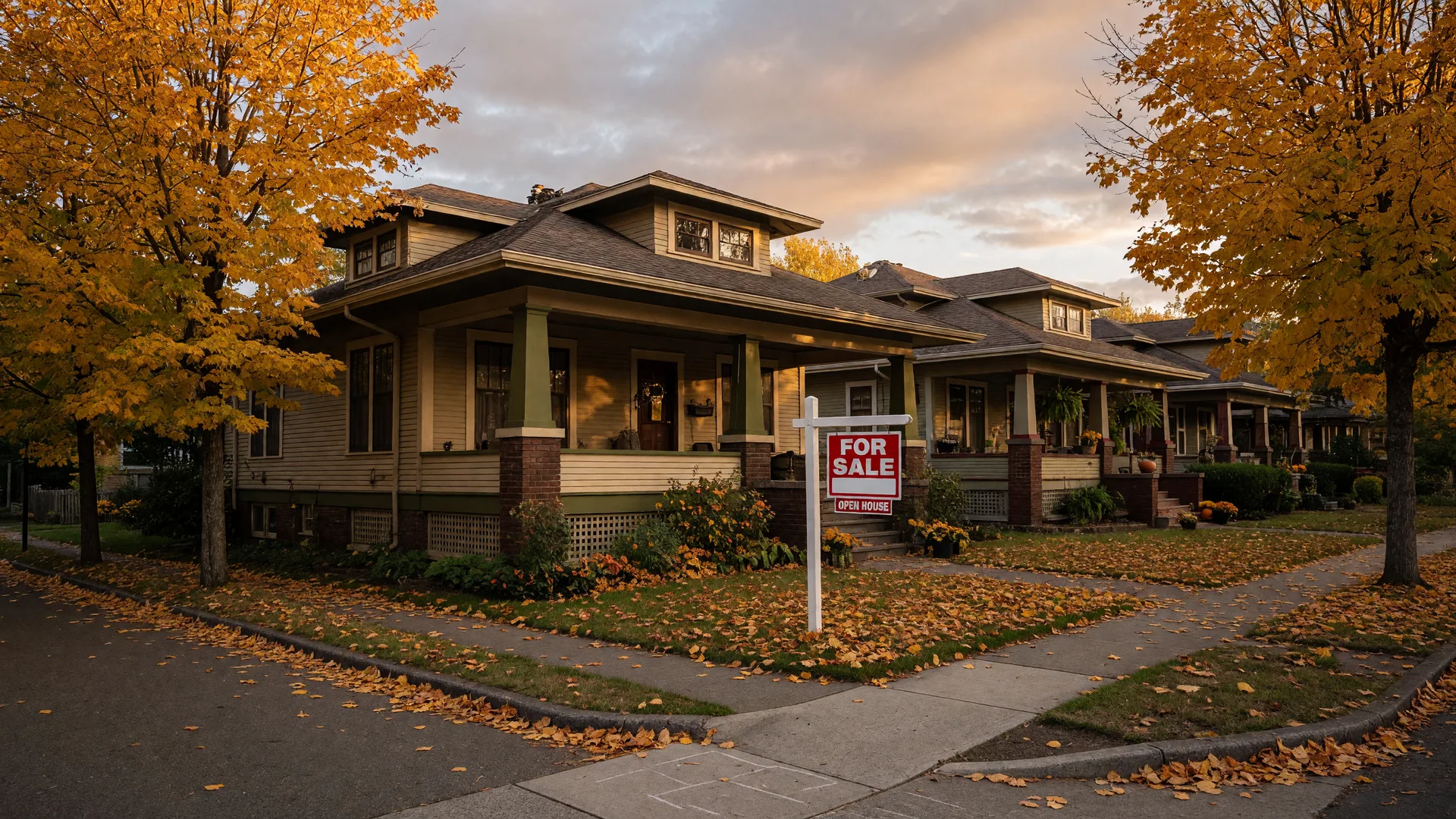 A craftsman bungalow on a quiet Portland-area street in early October, a for-sale sign in the yard, maples turning gold and amber under a golden-hour sky