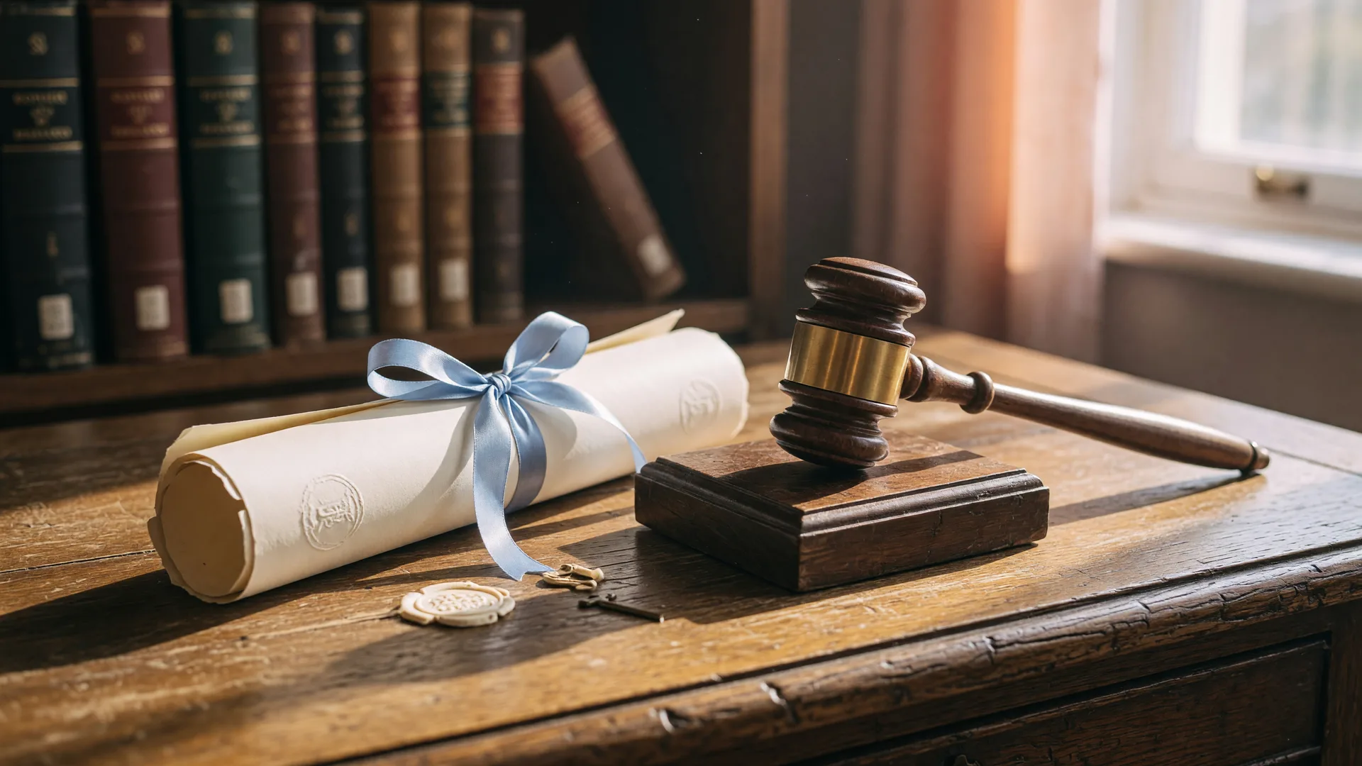 Courtroom gavel on a wooden block beside a blue-ribboned property deed on an oak desk