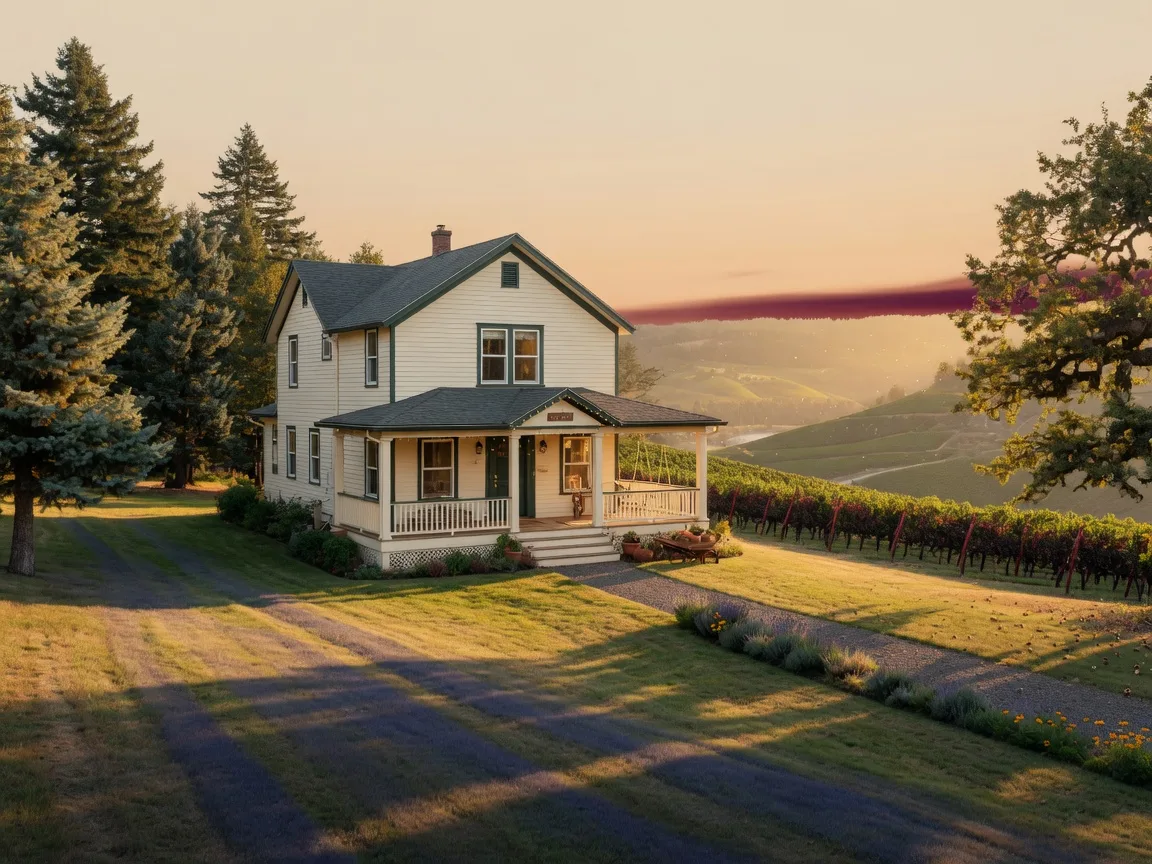 A cream-siding craftsman farmhouse on a rolling Oregon hillside above a vineyard valley at golden hour