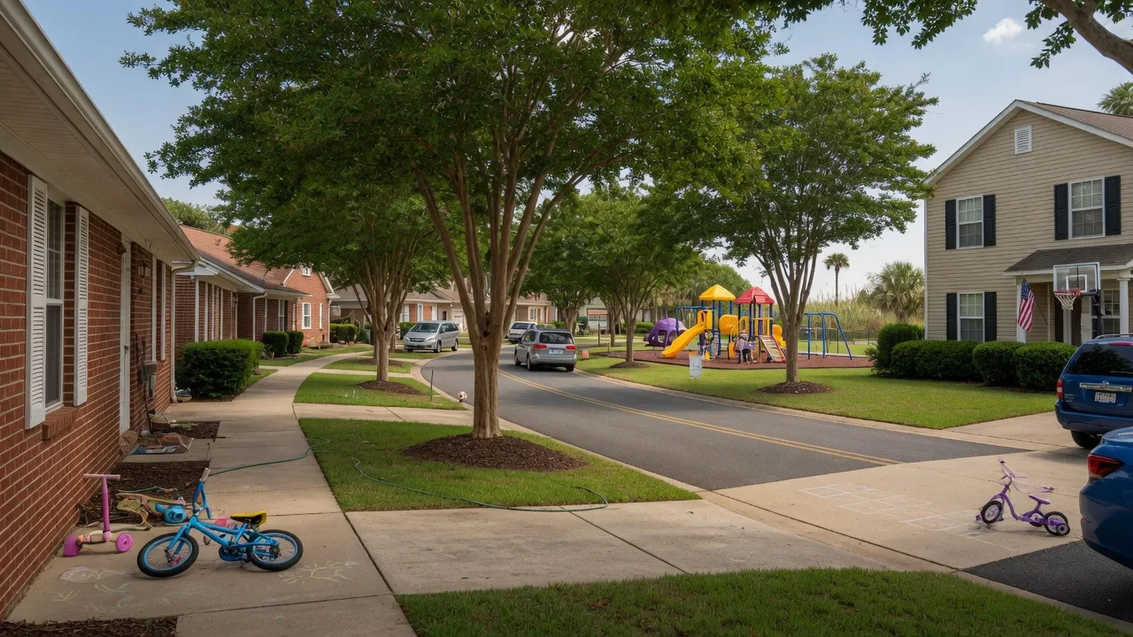 Family-friendly suburban street in Virginia Beach with brick and vinyl-sided homes and a neighborhood park in the distance