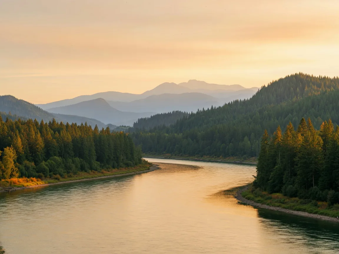 A calm river winding through evergreen hills at golden hour in the Pacific Northwest