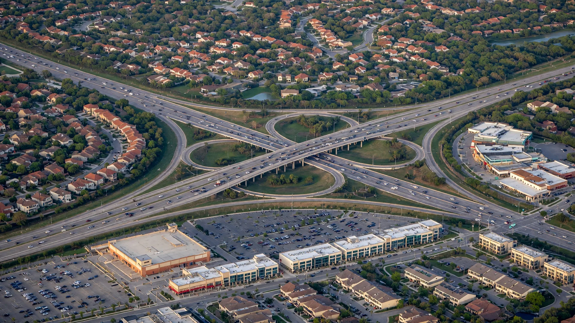 Aerial view of the US-281 and Loop 1604 interchange near Stone Oak