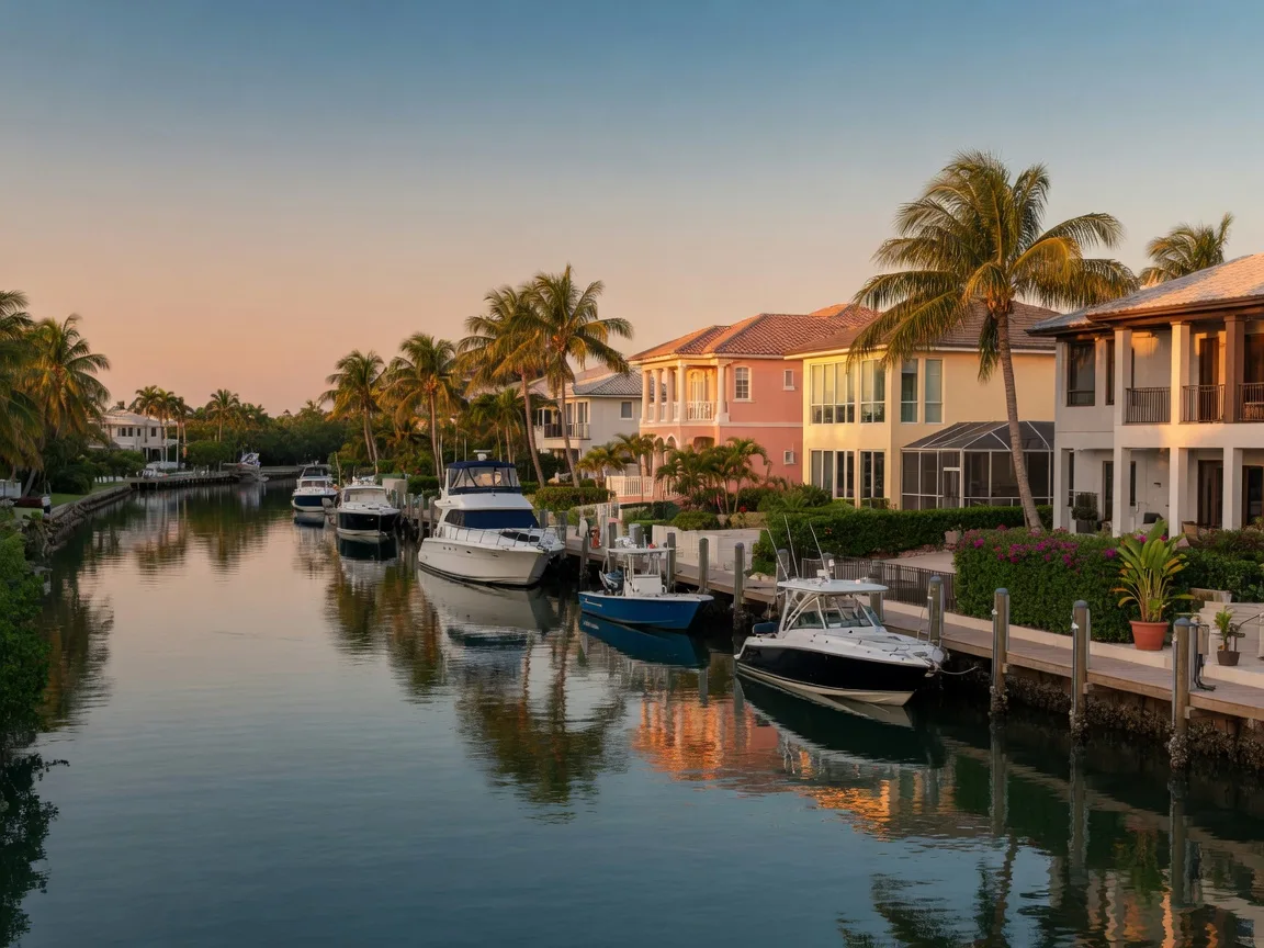 Highland Beach Intracoastal Waterway with luxury waterfront homes, private docks, and boats
