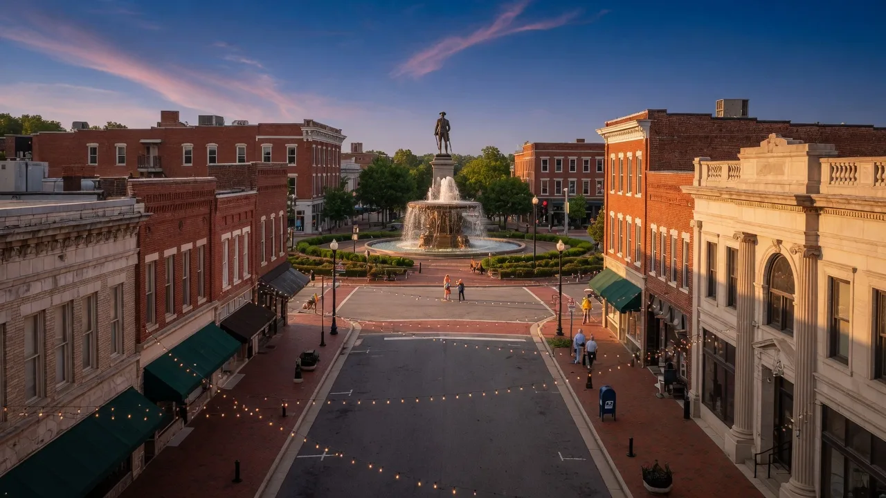 Downtown Spartanburg at golden hour, with Main Street leading toward Morgan Square lined with historic brick and limestone buildings