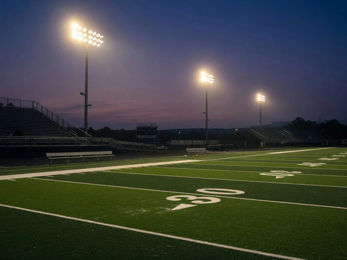 Zephyr Stadium lights glowing over the football field on a September evening