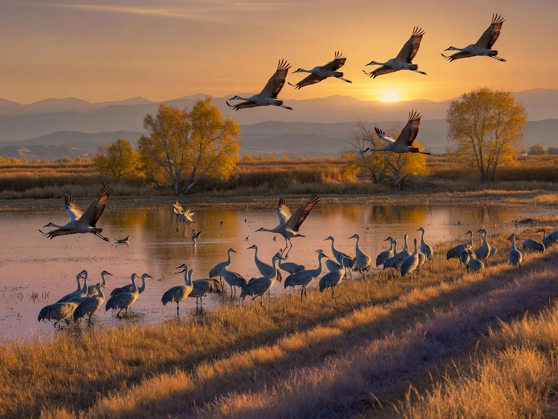 Sandhill cranes wading and taking flight across shallow wetland water at Merced National Wildlife Refuge at golden hour in early November, dry golden grasses in the foreground, cottonwoods turning gold along the water, and the hazy Sierra Nevada foothills on the horizon