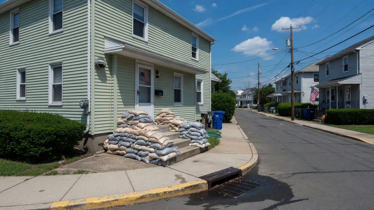 Home in a Cherry Hill flood zone with sandbags