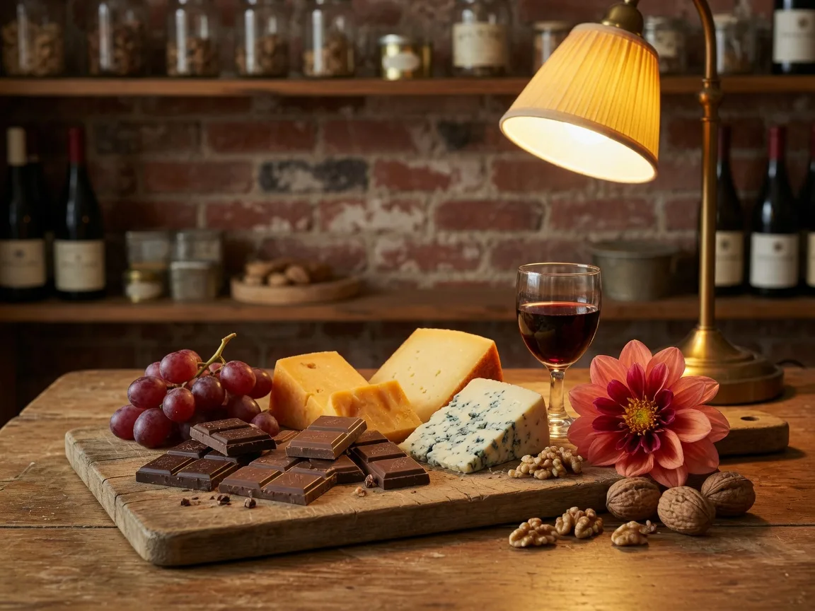 A warm tasting-room table on the Port Perry main street in October: squares of dark and milk chocolate beside wedges of cheddar and blue cheese, a glass of red wine, grapes, walnuts and a late-season dahlia in lamplight