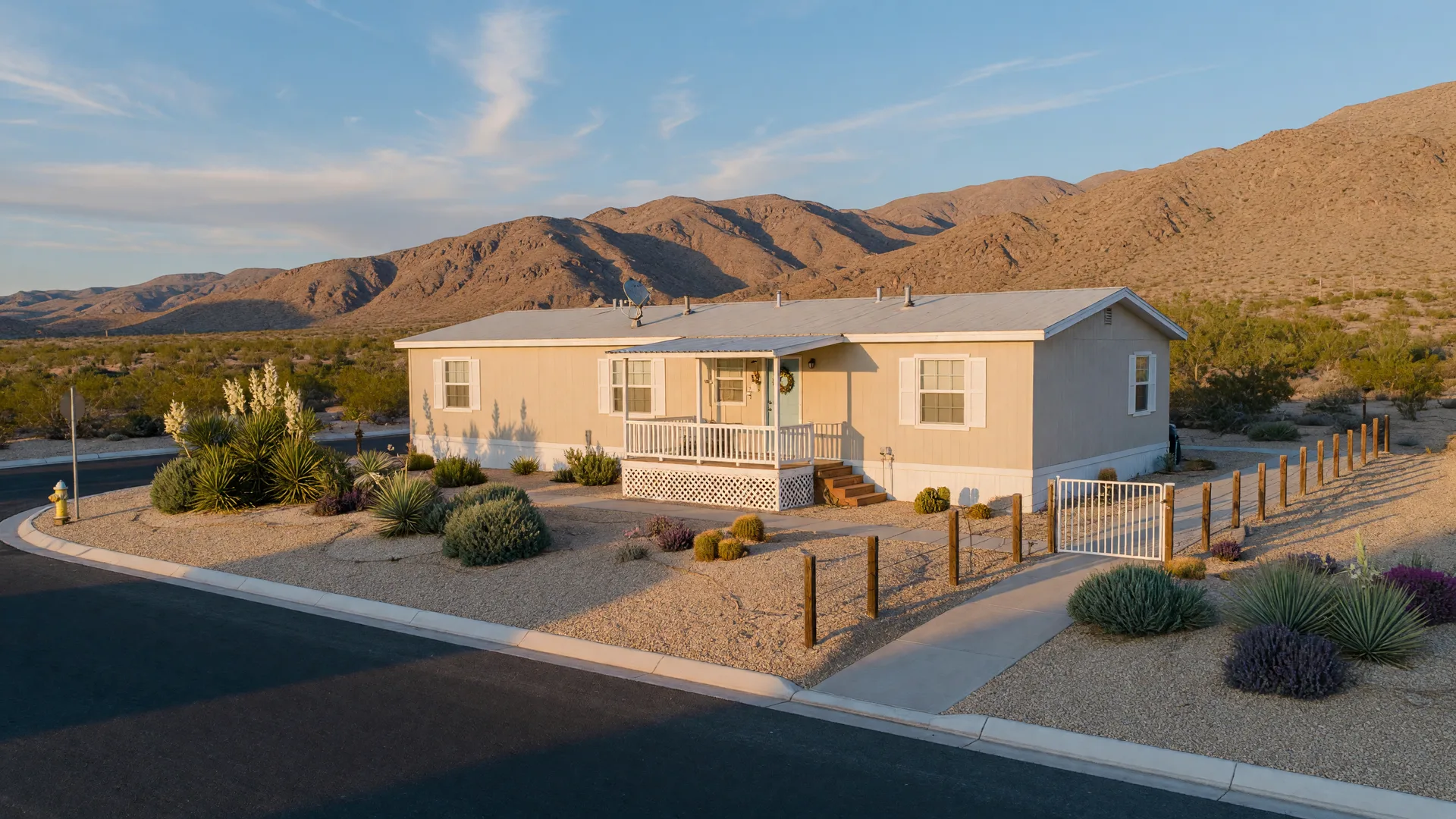 A tidy single-story manufactured home on a landscaped lot with a fenced yard and mountains in the distance