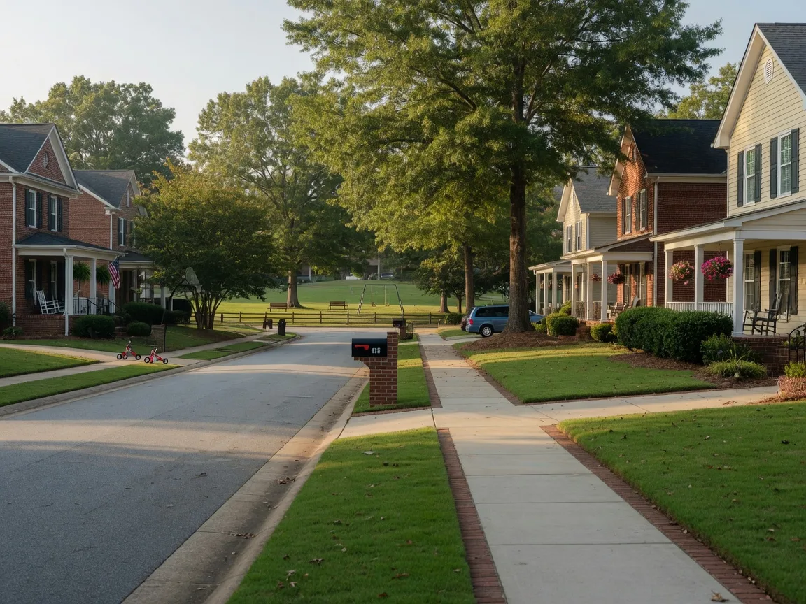 Quiet family neighborhood in Fulton County with brick and siding homes, green lawns, a sidewalk, mature oak trees, and a park down the street