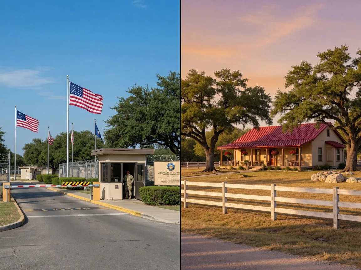 Split view of JBSA base entrance and Hill Country home with acreage, representing the military relocation journey