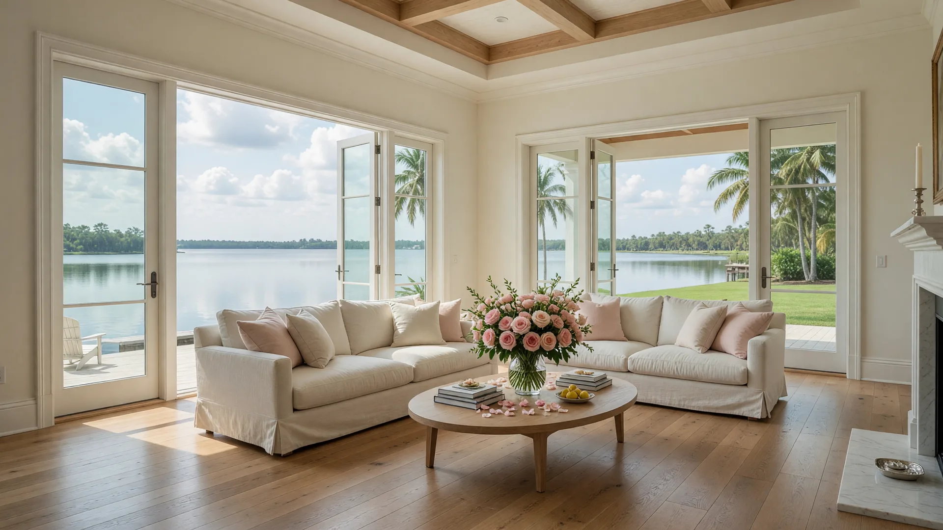 A bright luxury great room with tall windows and a view of a calm lake