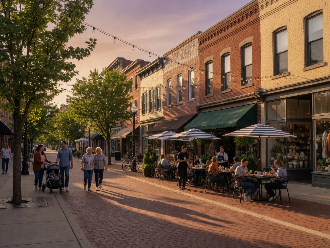 Vibrant downtown street scene in a historic Ohio district with outdoor dining, shops, and warm evening lighting