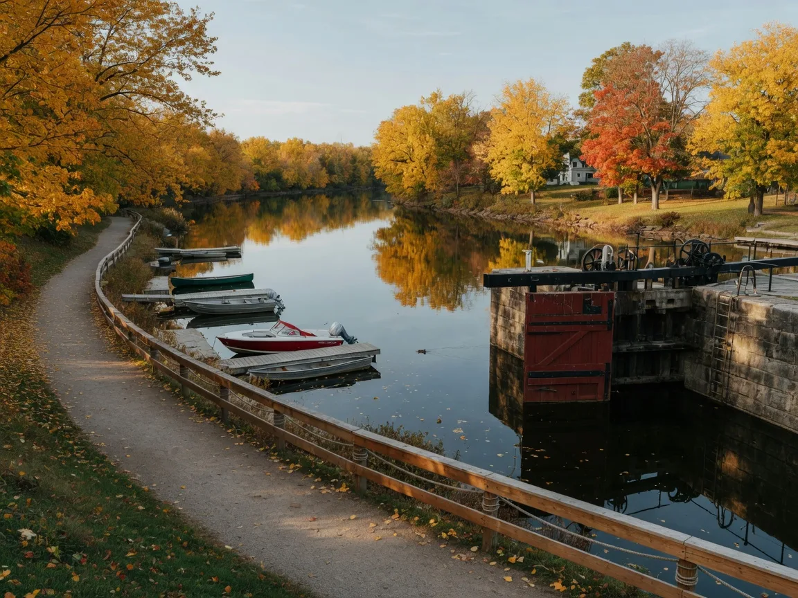 The Trent-Severn Waterway in Campbellford on a calm early-autumn afternoon, with fall foliage along the bank and a riverside walking trail