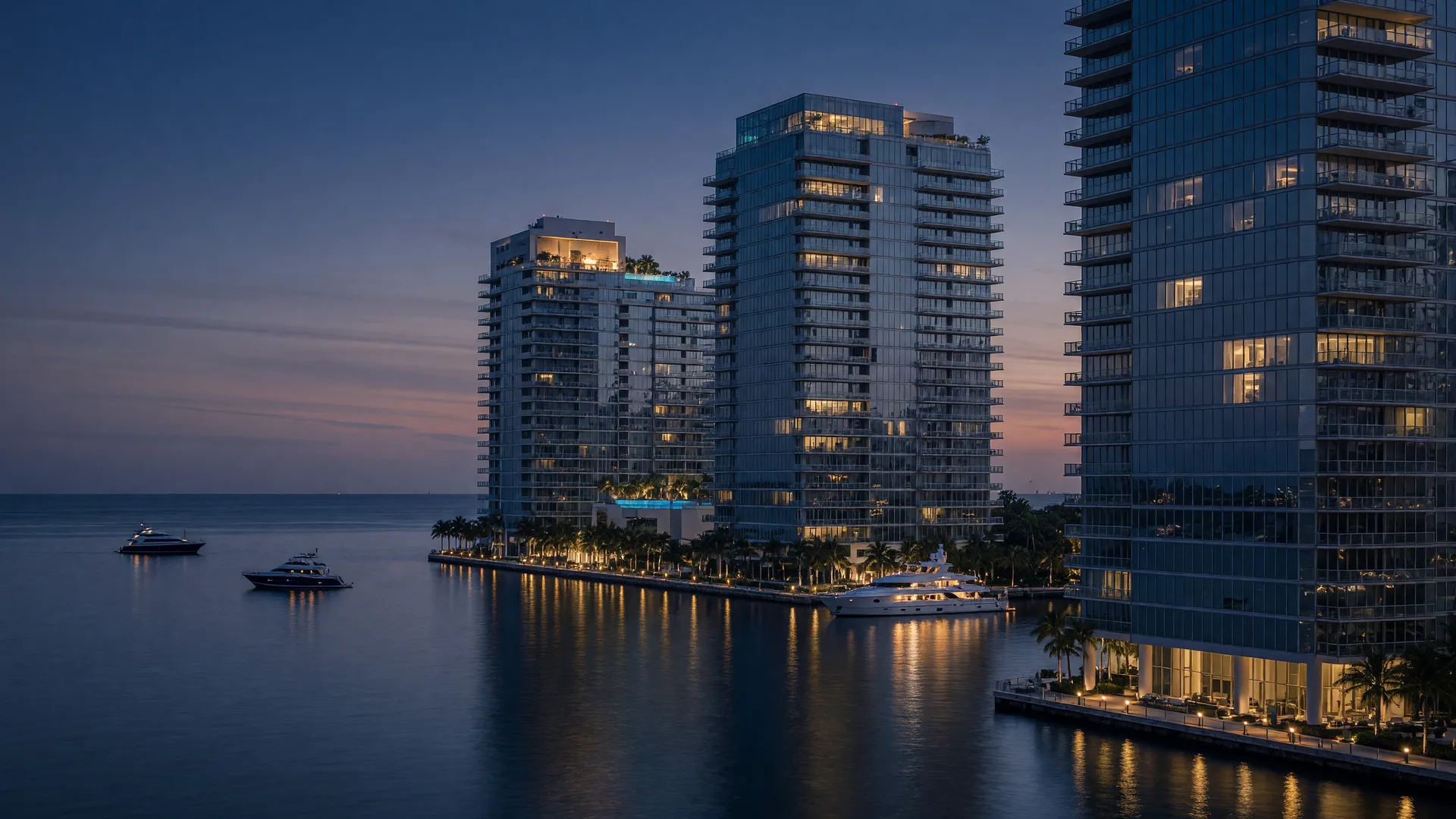 Luxury condominium towers along Biscayne Bay in Miami at dusk, with warm lights reflecting on the water
