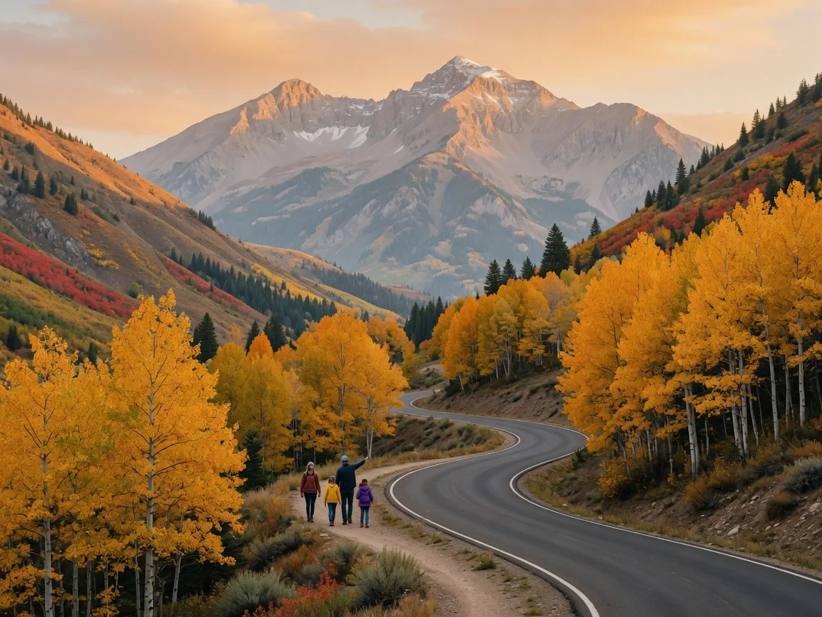 The Alpine Loop scenic drive near Alpine Utah in early fall with golden aspen groves covering the canyon slopes, the winding mountain road curving into the color, and Mount Timpanogos rising behind