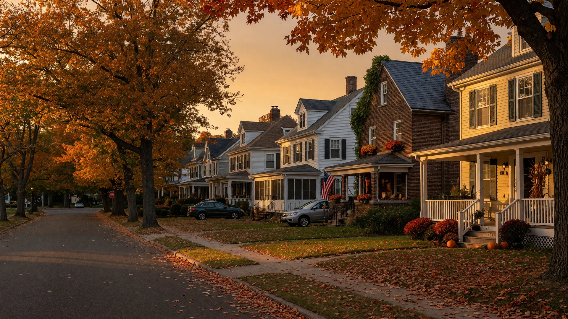 An autumn residential street in a New Jersey town lined with trees showing orange and amber leaves at golden hour