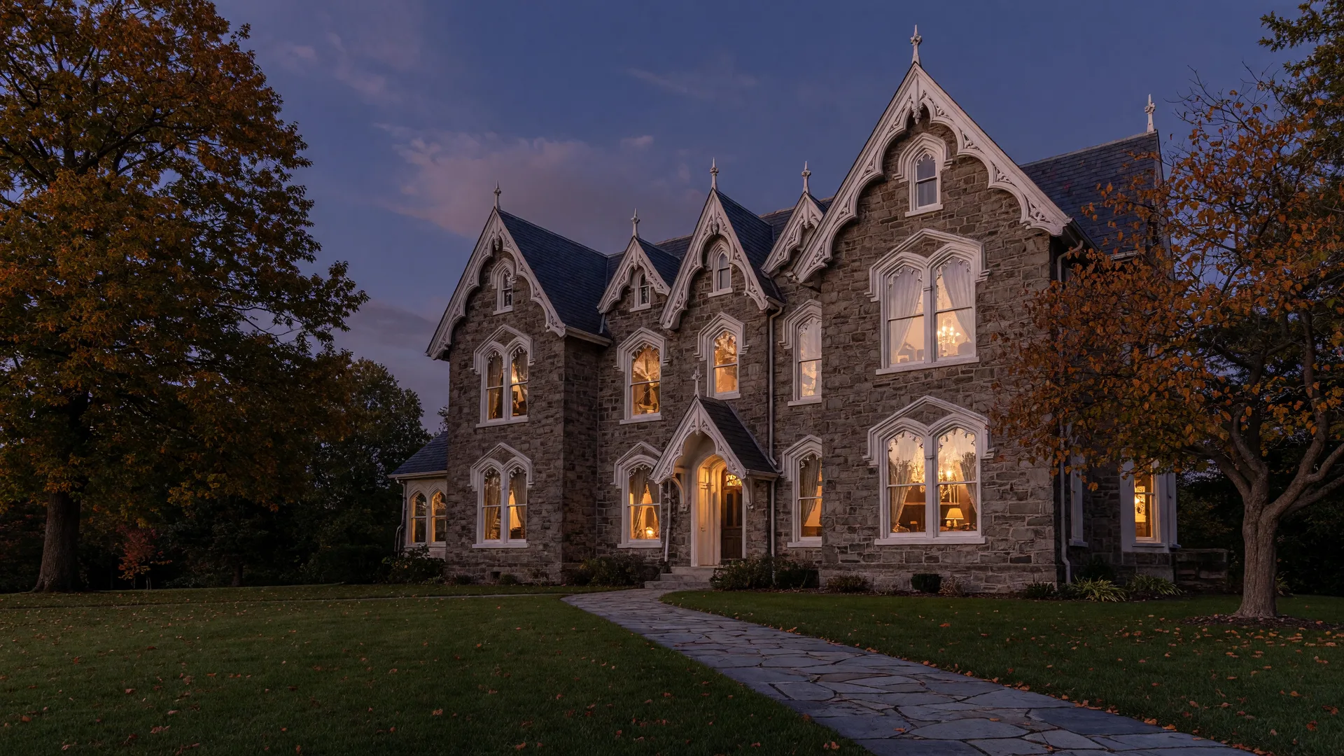 A restored 1864 Gothic Revival stone mansion glowing with warm interior light at dusk, the setting for Swift at The Wilbur Mansion in Bethlehem
