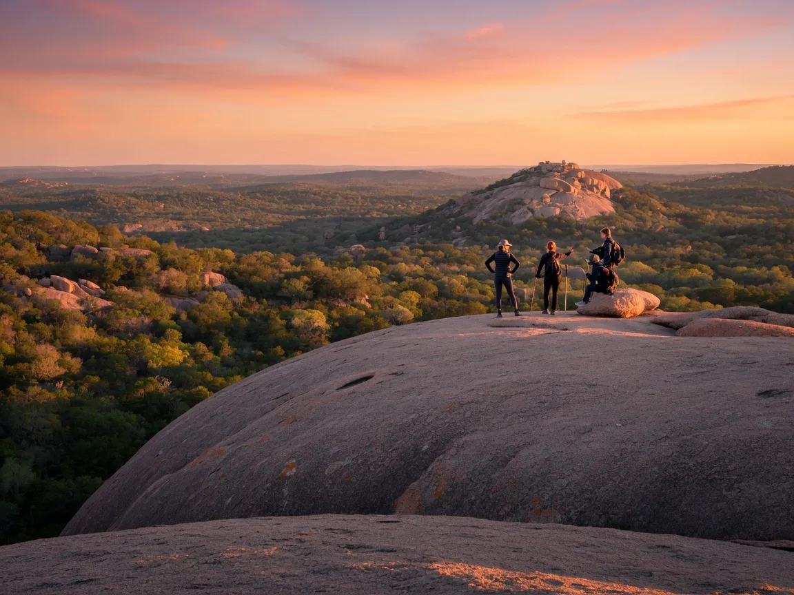 A group of hikers standing on the granite dome of Enchanted Rock State Natural Area at sunset, with panoramic views of the Texas Hill Country rolling hills