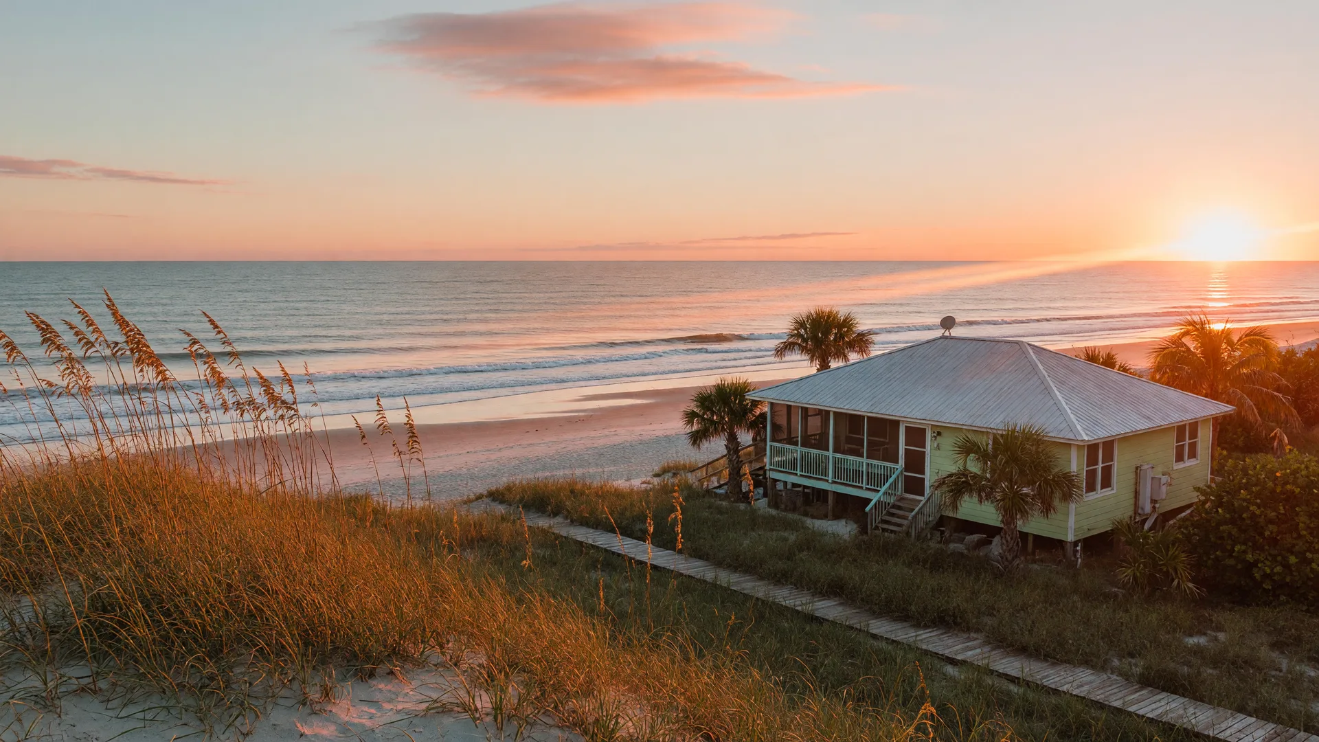 A quiet stretch of Vero Beach shoreline at golden hour, with dune grass in the foreground and a low-profile Florida beach cottage with palms behind the dunes.